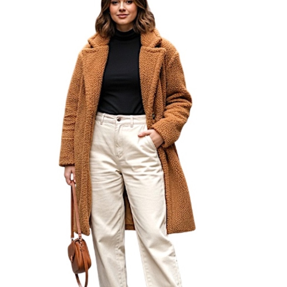 Lucy Paris warm chestnut brown boxy mid length lined teddy coat M
